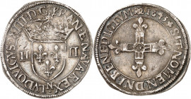 LOUIS XIII (1610-1643).
Quart d’écu à la croix fleurdelisée 1643 N=Montpellier 9,52 g.
A/ LVDOVICVS XIII D G FRAN E NAVA REX. Écu de France couronné...