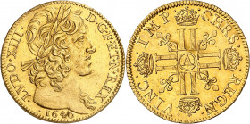 LOUIS XIII (1610-1643).
Double Louis d’or à la grosse tête dit « LUDO », 13,44g. 1640 A=Paris
A/ LVDO XIII D G FR ET N REX. Large tête laurée du roi...