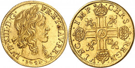 LOUIS XIII (1610-1643).
Louis d’or à la mèche mi-longue 6,73 g. 1641 A=Paris
A/ LVD XIII D G FR ET NAV REX. Tête laurée du Roi à droite, au-dessous ...