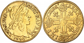 LOUIS XIII (1610-1643).
Louis d’or à la mèche courte 6,60 g. 1642 A=Paris
A/ LVD XIII D G FR ET NAV REX. Tête laurée du Roi à droite, au-dessous (da...