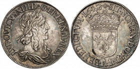 LOUIS XIII (1610-1643).
Écu d’argent de 60 sols 1er poinçon de Warin 1642 A=Paris. Monnaie de Matignon (Rose de Briot) 27,43 g.
A/ LVDOVICVS XIII D ...