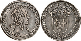 LOUIS XIII (1610-1643).
Douxième d’écu de 5 sols 1642 A=Paris. 1er poinçon de Warin. Monnaie du Louvre 2,27 g.
A/ LVDOVICVS XIII D G FR ET NAV REX. ...