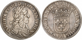 LOUIS XIII (1610-1643).
Écu de 60 sols 2e poinçon de Warin.1643 A=Paris. Monnaie de Matignon (Rose de Briot) 27,27 g.
A/ LVDOVICVS XIII D G FR ET NA...
