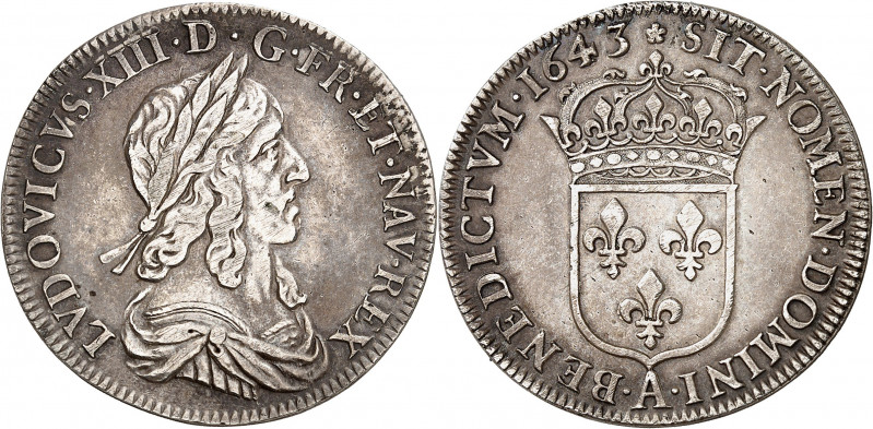 LOUIS XIII (1610-1643).
Demi écu de 30 sols 2e poinçon, 13,57 g. 1643 A=Paris. ...