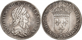 LOUIS XIII (1610-1643).
Demi écu de 30 sols 2e poinçon, 13,57 g. 1643 A=Paris. Rose=Monnaie de Matignon
A/ LVDOVICVS XIII D G FR ET NAVREX. Buste à ...