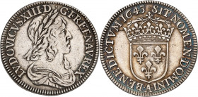 LOUIS XIII (1610-1643).
Quart d’écu de 15 sols 2e poinçon, 6,83 g. 1643 A=Paris. Monnaie du Louvre
A/ LVDOVICVS XIII D G FR ET NAV REX Buste à droit...