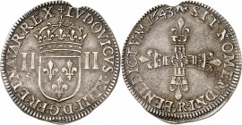 LOUIS XIV (1643-1715).
Quart d’écu 1643. 9,64 g. AR/Rat=Arras
A/ + LVDOVICVS XIIII D G FR ET NAVAR RE. Écu de France couronné, accosté de II et II....