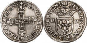 LOUIS XIV (1643-1715).
Quart d’écu 1er type 9,48 g, 1648 L=Bayonne.
A/ + LVDOVICVS XIIII D G FRAN E NA RE. Croix fleurdelisée avec quadrilobe eu cœu...