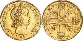 LOUIS XIV (1643-1715).
Double Louis d’or à la mèche courte 13,41 g. 1648 D=Lyon
A/ LVD XIIII D G (Croissant) FR ET NAV REX. Tête enfantine du Roi à ...