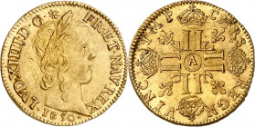 LOUIS XIV (1643-1715).
Louis d’or à la mèche longue 6,73 g. 1650 A=Paris
A/ LVD XIIII D G(différent) FR ET NAV REX. Tête enfantine du Roi à droite, ...