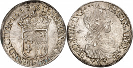 LOUIS XIV (1643-1715).
Écu de Navarre à la mèche longue 27 g. 1658 V*Saint Palais.
A/ LVD XIIII D G FR ET NA REX. Buste enfantin du Roi à droite, la...
