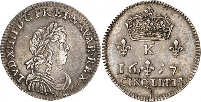 LOUIS XIV (1643-1715).
Pièce de 5 liards ou sol Parisis 1657 K= Bordeaux
A/ LV...