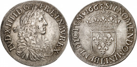LOUIS XIV (1643-1715).
Écu au buste juvénile 1665 L= Bayonne 26,38 g.
A/ LVD XIIII D G FR ET NAV REX. Buste juvénile du Roi à droite, lauré, drapé e...