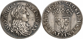 LOUIS XIV (1643-1715). CANADA
Douzième d’écu au buste juvénile. 1670 A=Paris
A/ LVD XIIII DG FR ET NAV REX. Buste juvénile du Roi à droite, les chev...