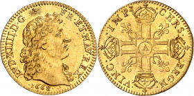 LOUIS XIV (1643-1715).
Louis d’or à la tête nue. 1er type. 6,76 g. 1668 A=Paris
A/ LVD.XIIII.D.G (différent) FR.ET.NAV.REX. (date). Sa tête nue à dr...