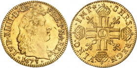 LOUIS XIV (1643-1715).
Louis d’or à la tête nue 6,72 g. 1673 L=Bayonne
A/ LVD.XIIII.D.G (différent) FR.ET.NAV.REX. (date). Sa tête nue à droite les ...