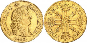 LOUIS XIV(1643-1715).
Demi louis à la tête nue 1668 A=Paris
A/ LVD XIIII D G (différent) FR ET NAV REX. Tête nue du Roi à droite les cheveux longs d...