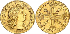 LOUIS XIV (1643-1715).
Louis d’or à la tête nue (virile), 2e type 6,73 g. 1680 Vaquette=Pau
A/ LVD XIIII D G FR ET NA RE BD. Tête du Roi à droite, l...