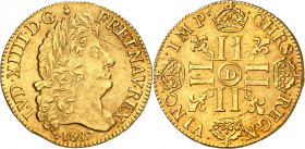 LOUIS XIV (1643-1715).
Louis d’or à la perruque et aux huit L 6,72 g. 1687 D=Lyon
A/ LVD XIIII D G (différent) FR ET NAV REX. Tête âgée du Roi à dro...