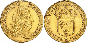 LOUIS XIV (1643-1715).
Demi Louis d’or à l’écu 3,34 g. 1690 L=Bayonne
A/ LVD XIIII D G (différent) FR ET NAV REX Sa tête laurée, âgée à droite avec ...