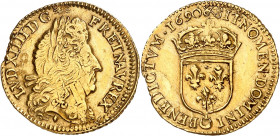 LOUIS XIV (1643-1715).
Demi Louis d’or à l’écu 3,31 g. 1690 &=Aix en Provence
A/ LVD XIIII D G (différent) FR ET NAV Sa tête laurée, âgée à droite a...