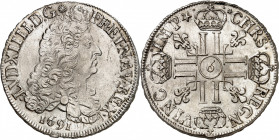 LOUIS XIV (1643-1715).
Écu aux 8L 1er type, 27,03 g. 1691 9 (retourné)= Rennes 27,03 g.
A/ LVD XIIII D G (différent) FR ET NAV REX. Buste du Roi dra...
