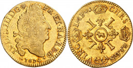 LOUIS XIV (1643-1715).
Louis d’or aux quatre L. 6,70 g. 1694 Vaquette=Pau
A/ LVD XIIII D G(différent) FR ET NA RE BD. Tête âgée du Roi à droite, ave...