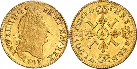 LOUIS XIV (1643-1715).
Demi Louis d’or aux quatre L. 3,31 g. 1693 A=Paris
A/ LVD XIIII D G(différent) FR ET NAV REX. Tête laurée du Roi à droite, av...