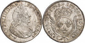 LOUIS XIV (1643-1715).
Écu aux palmes 1693 Rennes 27,08 g.
A/ LVD XIIII D G(différent) FR ET NAV REX. Buste cuirassé à l’antique.
R/ SIT NOMEN DOMI...