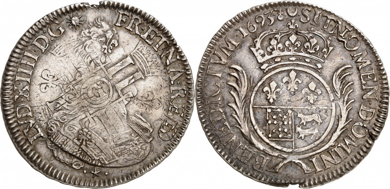 LOUIS XIV (1643-1715).
Écu de Béarn aux palmes 1693 Pau 26,76 g.
A/ LVD XIIII ...