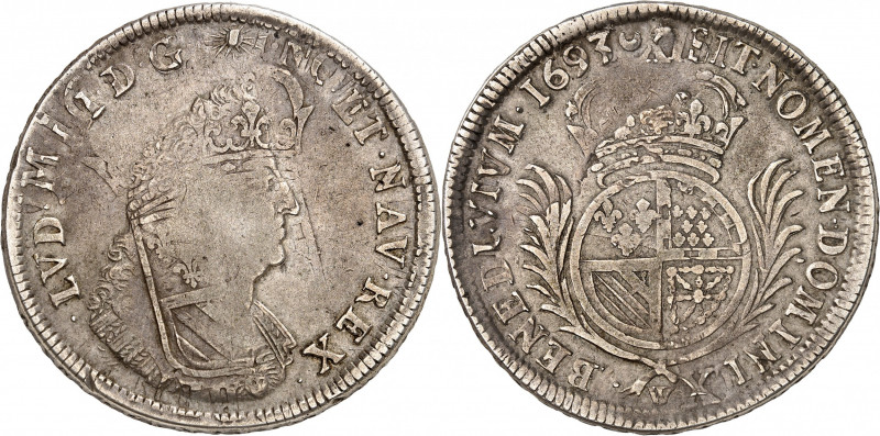 LOUIS XIV (1643-1715).
Écu de Flandres aux Palmes 37,06 g. 1693 W=Lille
A/ LVD...