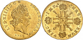 LOUIS XIV (1643-1715).
Demi Louis d’or aux huit L et aux insignes 3,35 g. 1702 A=Paris
A/ LVD XIIII D G(différent) FR ET NAV REX. Tête laurée du Roi...