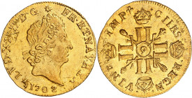LOUIS XIV (1643-1715).
Demi Louis d’or aux huit L et aux insignes 3,31 g. 1702 9=Rennes
A/ LVD XIIII D G(différent) FR ET NAV REX. Tête laurée du Ro...