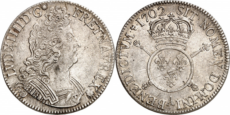 LOUIS XIV (1643-1715).
Écu aux insignes 27,25 g 1702 A= Paris
A/ LVD XIIII D G...