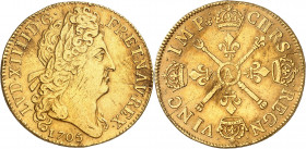 LOUIS XIV (1643-1715).
Double louis aux insignes, 2e type, 13,41 g. 1705 A=Paris
A/ LVD XIIII D G FR ET NAV REX. Tête laurée du Roi à droite, avec l...