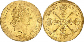 LOUIS XIV (1643-1715).
Louis d’or aux insignes 6,66 g. (?) A= Paris
A/ LVD XIIII DG FR. ET NAV REX. Tête laurée du roi à droite avec les cheveux cou...