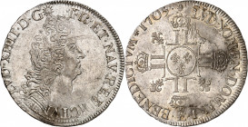 LOUIS XIV (1643-1715).
Écu aux 8L 2e type 27,30 g. 1705 E= Tours
A/ LVD XIIII D G( Différent) FR ET NAV REX Buste à droite du Roi, cuirassé à l’anti...