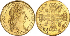 LOUIS XIV (1643-1715).
Double Louis d’or au soleil 16,20 g. 1713 9=Rennes
A/ LVD XIIII D G FR ET NAV REX. Tête du Roi à droite, avec une grande perr...
