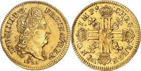 LOUIS XIV (1643-1715).
Demi Louis d’or au soleil 1711 A=Paris 4,10 g.
A/ LVD XIIII D G FR ET NAV REX. Tête du Roi à droite, avec une grande perruque...