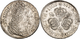 LOUIS XIV (1643-1715).
Écu aux 3 couronnes 30,60 g. 1709 E=Tours.
A/ LVD XIIII D G FR ET NAV REX. Buste à droite du Roi, cuirassé à l’antique.
R/ S...