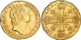 LOUIS XV (1715-1774).
Louis d’or au soleil 8,14 g. 1715 &=Aix en Provence
A/ LVD XV D G FR ET NAV REX Buste nu enfantin du Roi à droite. 
(Dessous ...