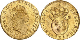 LOUIS XV (1715-1774).
Louis d’or aux insignes 8,15 g. 1716 S=Reims
A/ LVD XV D G FR ET NAV REX. (Date). Buste nu, enfantin, du Roi à droite (dessous...