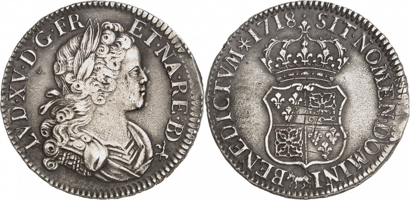 LOUIS XV (1715-1774).
Écu de france-Navarre 24,48 g. 1718 Vaquette= Pau.
A/ LV...