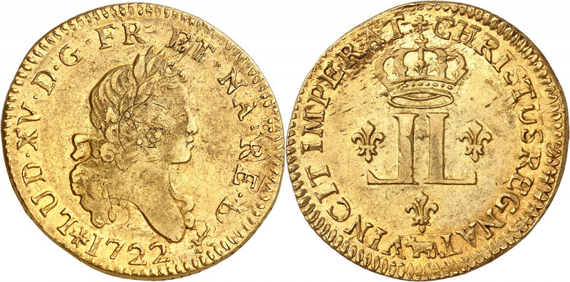 LOUIS XV (1415-1774).
Louis d’or aux deux L 9,65 g. 1722 Vaquette=Pau.
A/ LUD ...