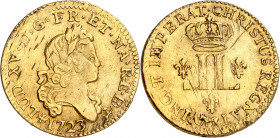 LOUIS XV (1715-1774).
Louis d’or aux 2 L 9,66g. 1723 Vaquette=Pau.
A/ LUD XV D G FR NAV REX BD. Buste lauré du Roi à droite. Dessous, millésime et d...
