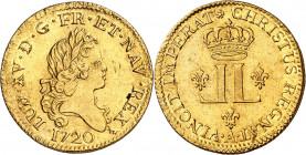 LOUIS XV (1715-1774).
Louis d’or aux deux L. 9,80 g. 1720 A=Paris.
A/ LUD XV D G FR NAV REX. Buste lauré du Roi à droite. Dessous, millésime et diff...