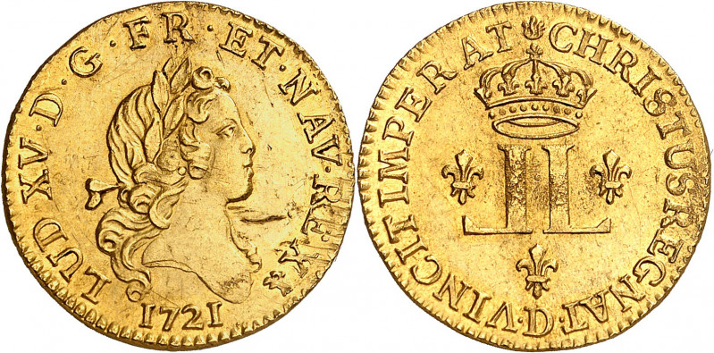 LOUIS XV (1715-1774).
Demi Louis d’or aux deux L. 4,90 g. 1721 D=Lyon.
A/ LUD ...