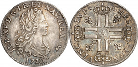 LOUIS XV (1715-1774).
Petit Louis d’argent 8,10 g. 1720 A=Paris
A/ LUD XV D G FR ET NAV REX. Buste du Roi à droite, lauré, drapé et cuirassé; date s...