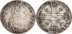 LOUIS XV (1715-1774).
Petit Louis d’argent, 7,93 g. 1720 Vaquette= Pau.
A/ LUD XV D G FR ET NAV RE BD. Buste du Roi à droite, lauré, drapé et cuiras...