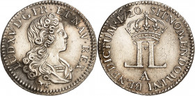 LOUIS XV (1715-1774).
Livre de la compagnie des Indes 3,78 g. 1720 A=Paris
A/ LUD XV D G FR ET NAV REX. Buste à droite du Roi, drapé et cuirassé, la...